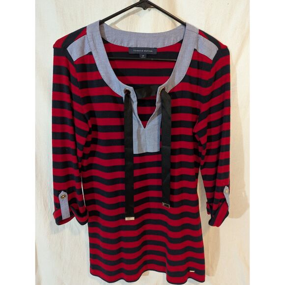 Tommy Hilfiger Blouse Small Red Navy Stripe Cotton Top Ribbon Tie Nautical - Picture 1 of 6
